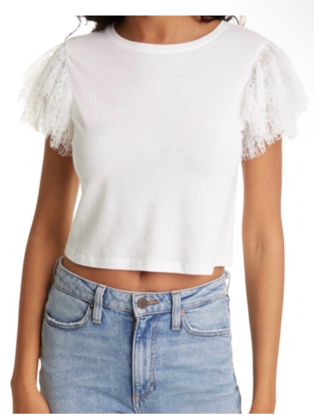 White Lace-Sleeve Crop Top Alice & Olivia